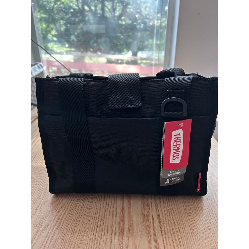 New Thermos Insulated Lunch Duffle Bag Black Zippered Top and Pocket 9"x11"